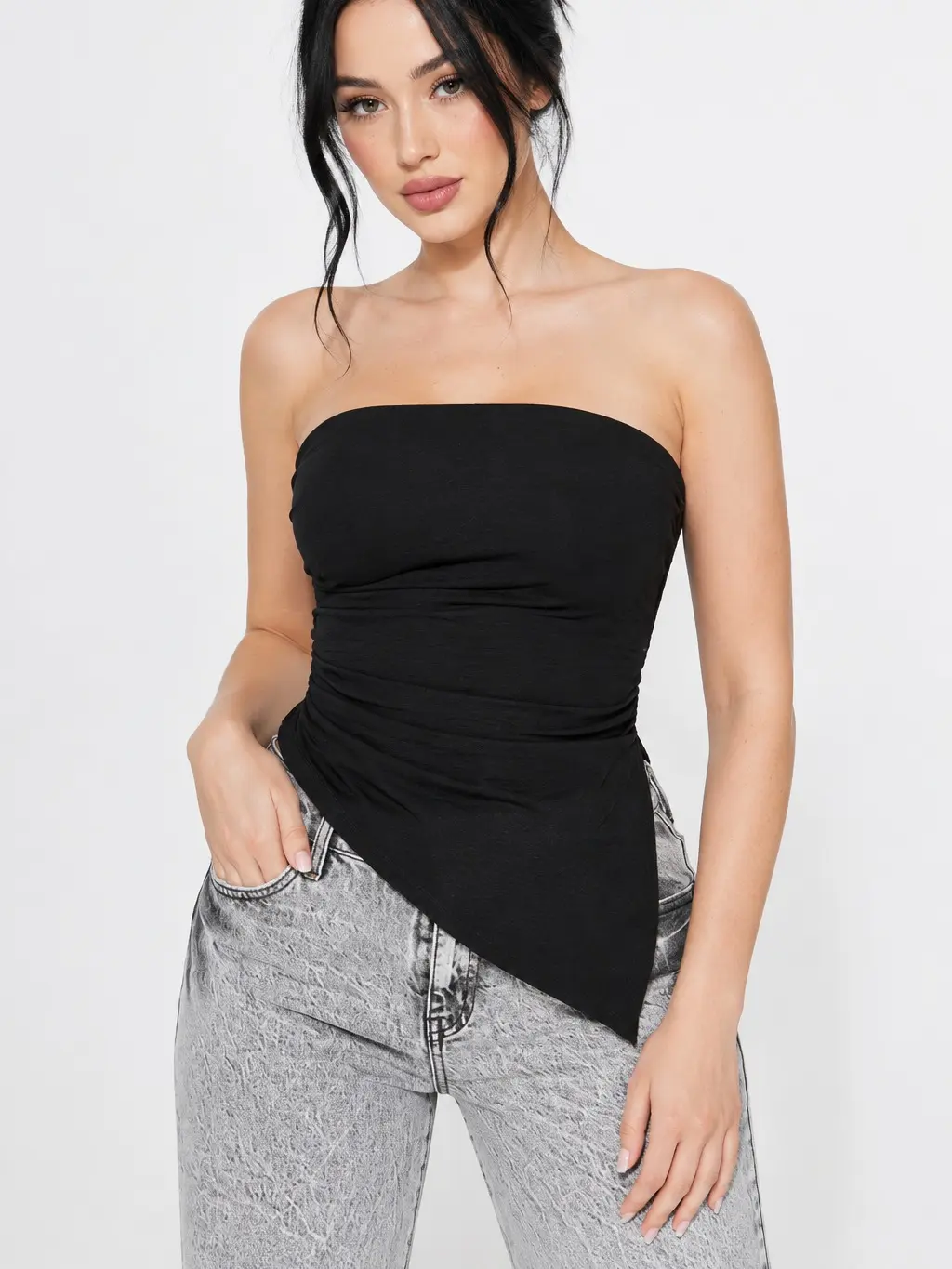 Women’s Asymmetrical Tube Top Strapless Ruched Side Zipper Party Blouse Summer Outfit