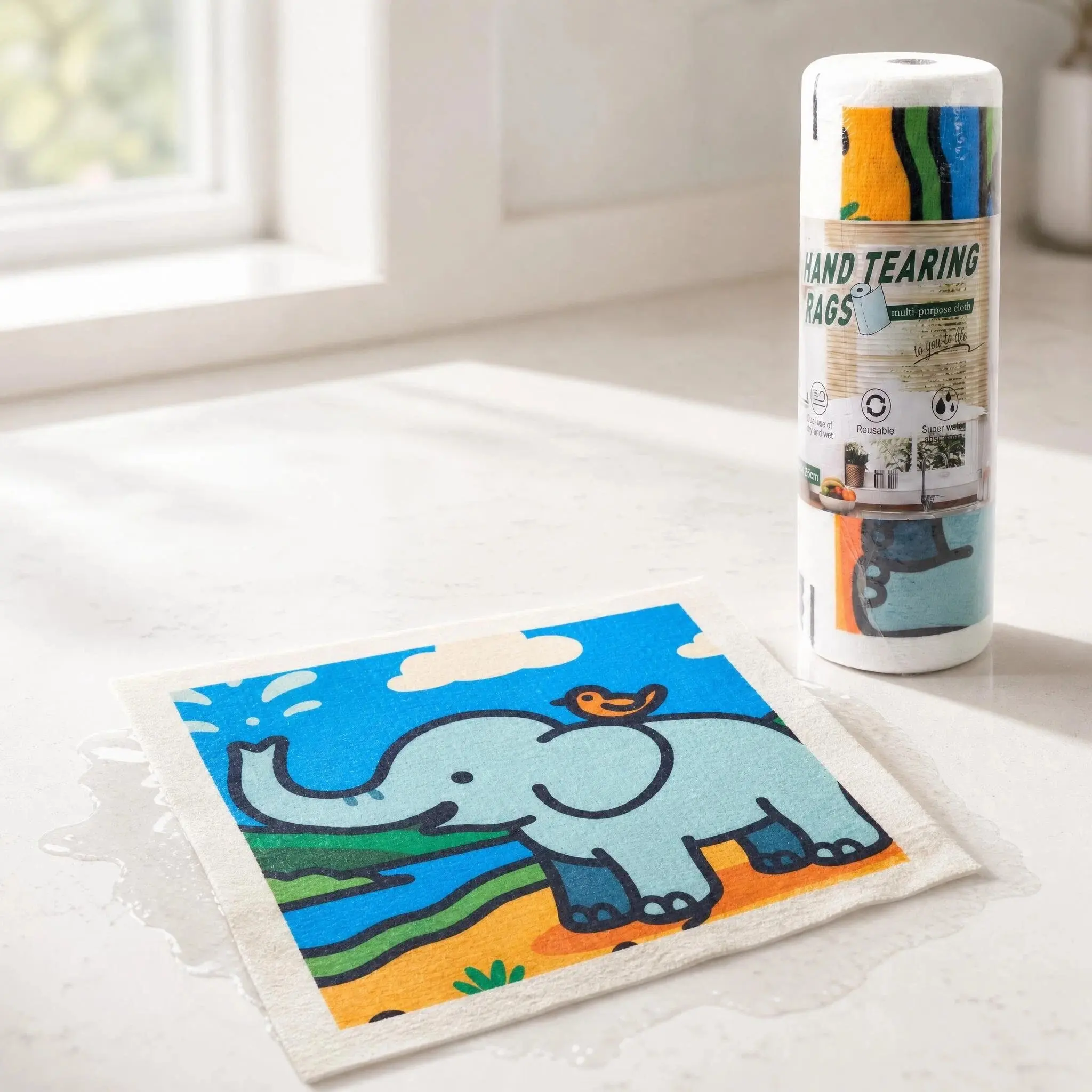 Reusable Tear‑Away Animal Print Household Cleaning Cloth Roll (Cartoon Patterns), 20 Assorted Towels, Single‑Size 9.8×9.8 in Polyester Sheets, Wet‑Tear‑Resistant Roll‑Type Lazy Rags for Kitchen & Home Use,lint free towel,  housekeeping essential