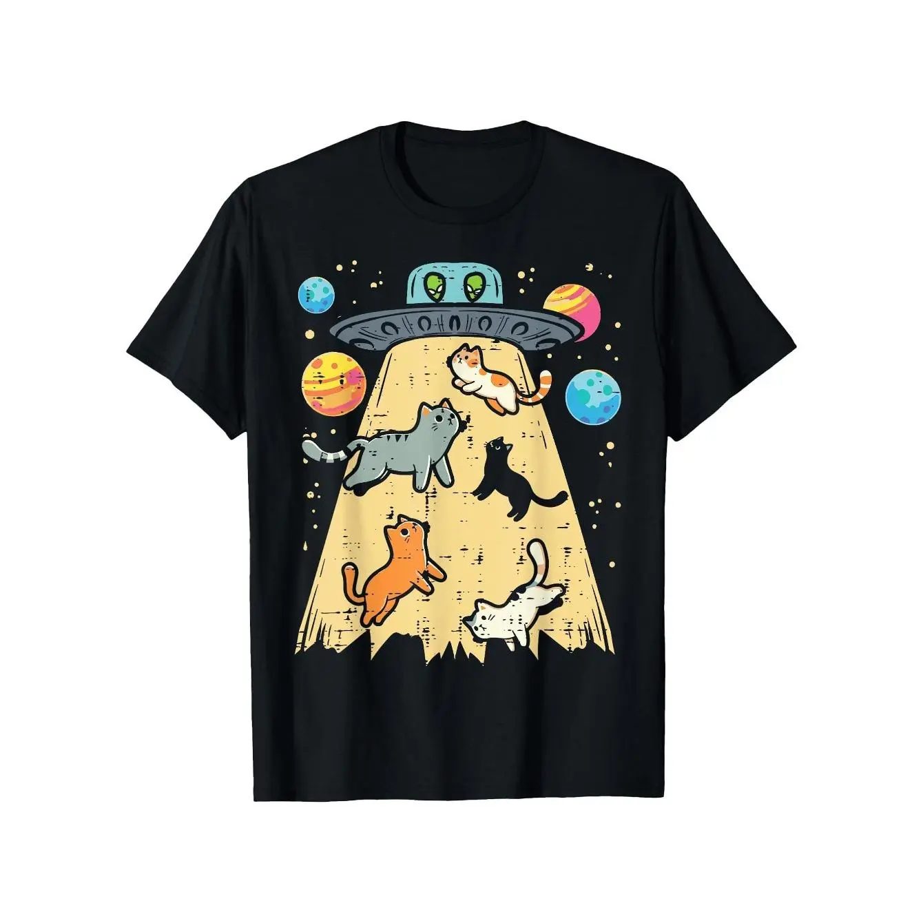 Oversized Alien Cat Graphic T-Shirt, Unisex 100% Cotton Fabric Top with Relaxed Fit, Short Sleeve Streetwear for Casual Wear