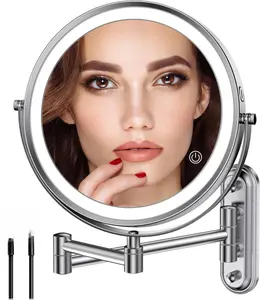 Rocollos Two-Fingers-Width Narrow Base Rechargeable Wall Mounted Lighted Makeup Mirror,3 Color Lights Dimmable Touch Screen,8 Inch LED Double Sided 1X/10X Magnifying Mirror (Polishing Chrome)