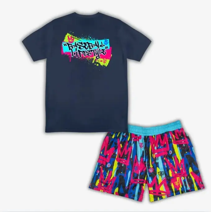 Baseball Lifestyle 101 Graffiti Crown Tee & Shorts Set for Youth & Adults, Best Selling USA Colors Baseball Outfit, Patriotic Game Day Apparel