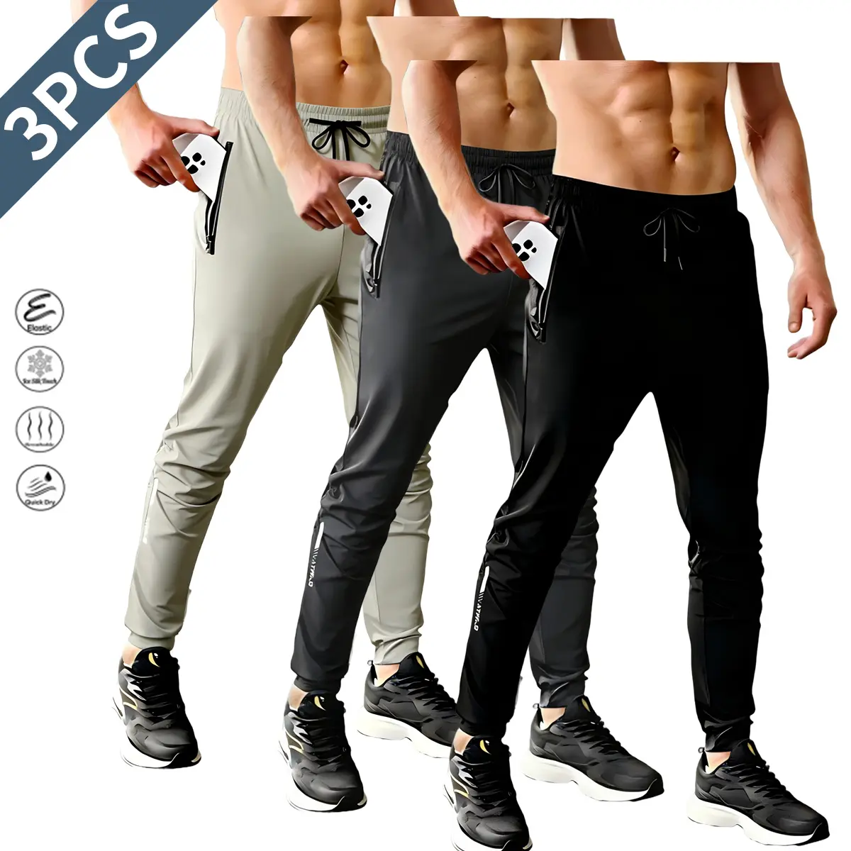 Men's 3-Pack Slim Fit Cuffed Legs Polyamide Blend Joggers - 80% Polyamide 20% Elastane, Stretchable, Durable, Solid Colors - Ideal for Running, Training