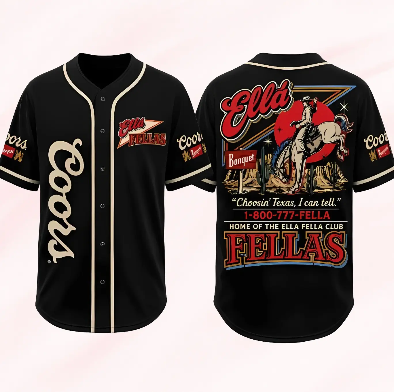 Vintage Collections Ella Fellas Western Baseball Jersey for Men Women, Retro Cowboy Beer Style Button Up Country Shirt USA
