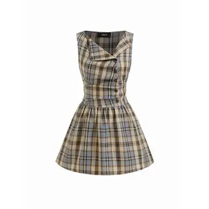 Cider Plaid Asymmetrical Neck Ruched Tie Back Mini Dress