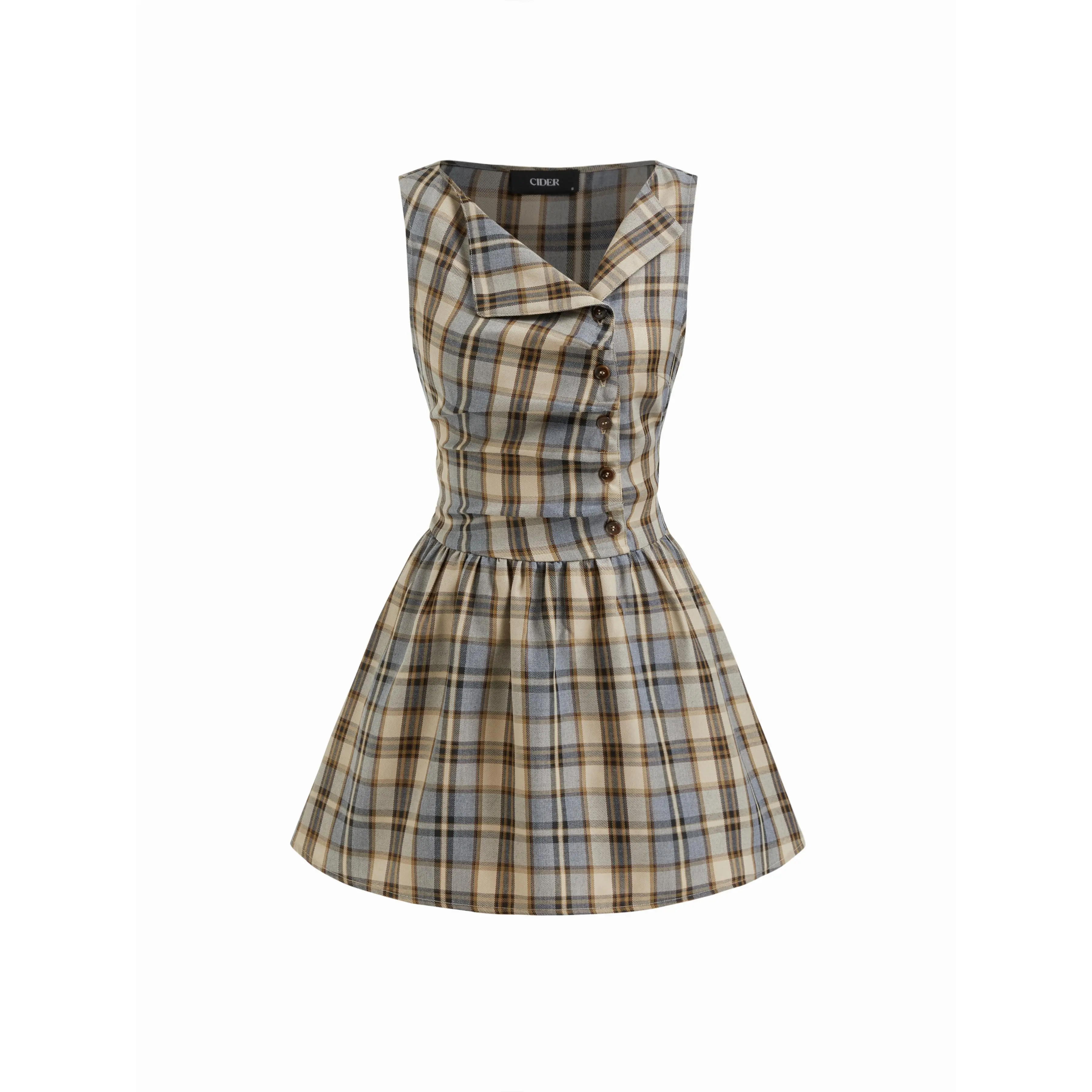 Cider Plaid Asymmetrical Neck Ruched Tie Back Mini Dress SohoChic