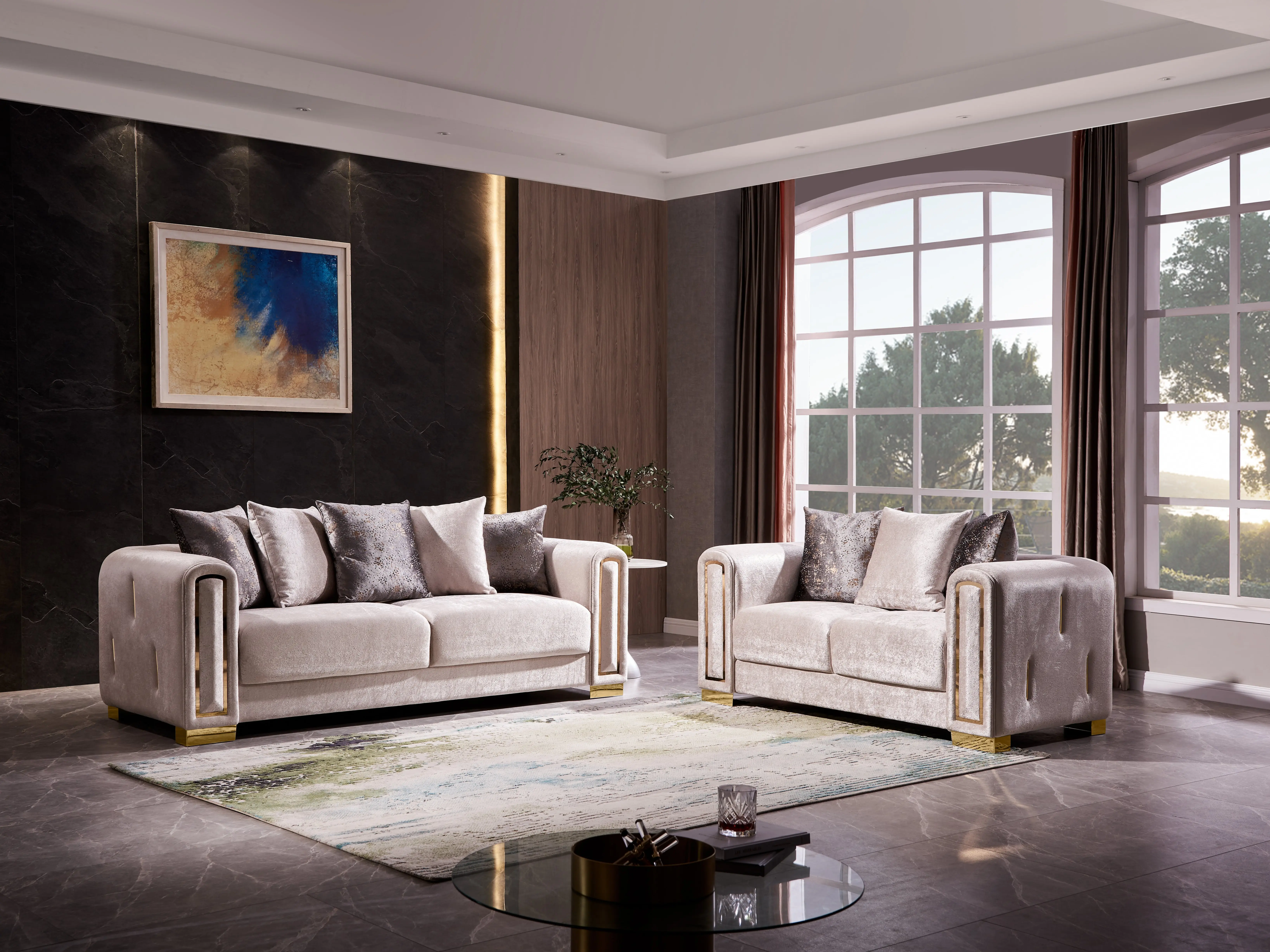 Luxury Indoor Living Room Furniture Set - 3-Piece Beige Velvet Couch with Detailed Gold Line Decor, Plush Chaise Lounge, Flannelette Corner Ottoman, Durable Recliner for Room Decor & Living Spaces; 2-Piece Wooden Option