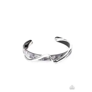 Craveable Curves - Silver Bar Gray Shell-like Acrylic Cuff Bracelet - Paparazzi