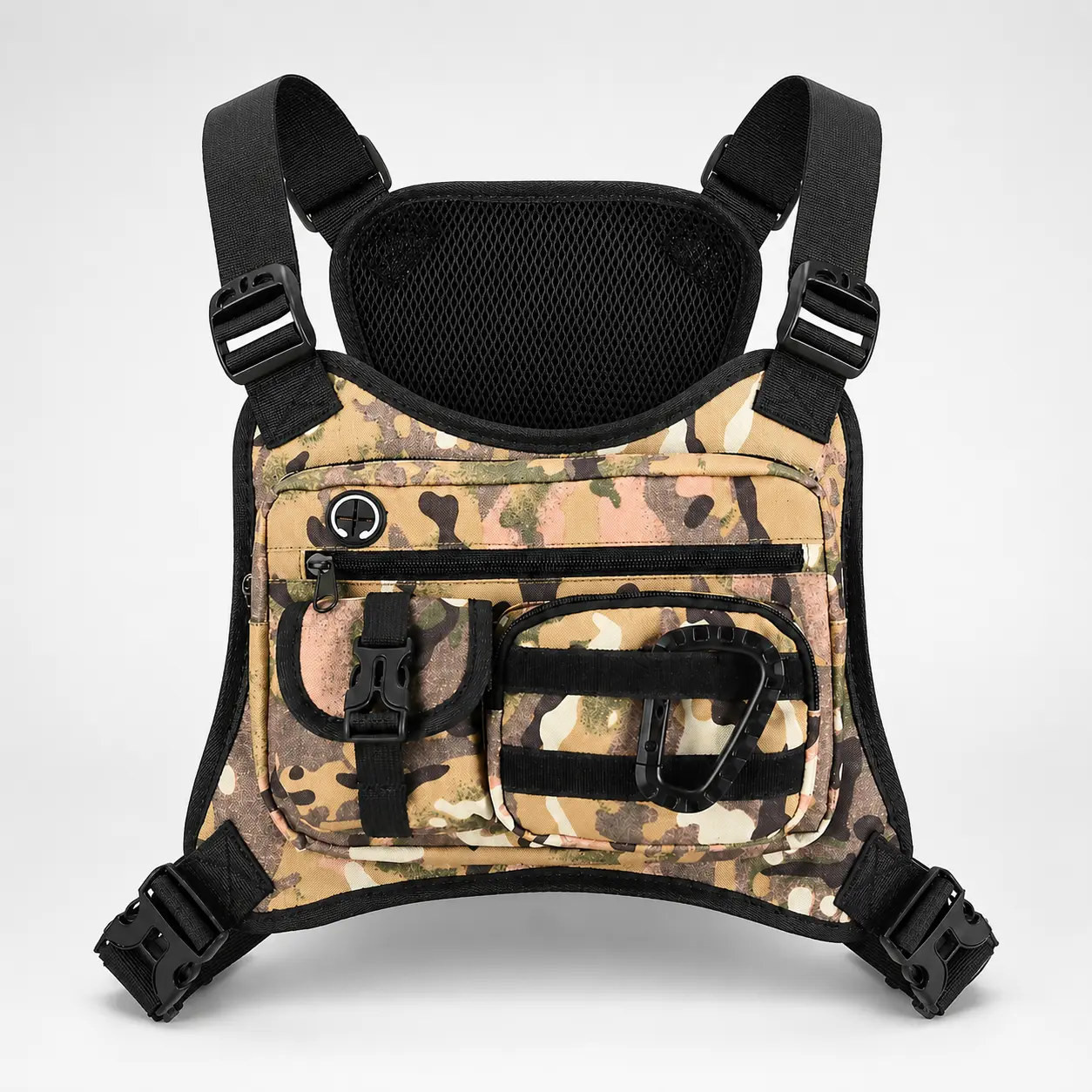 Camouflage Tactical Chest Bag for Men, Multi-Pocket EDC Chest Rig with Adjustable Straps, Breathable Mesh Back and Utility Carabiner for Hiking, Fishing and Travel convenient storage