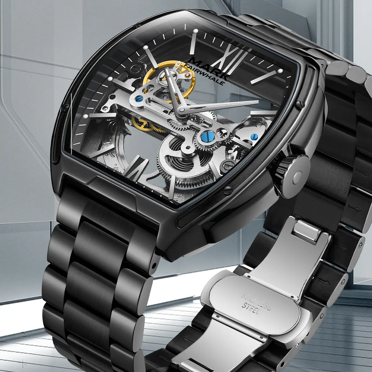Men’s fully automatic mechanical watch, barrel-style openwork design, tourbillon, large dial, steel strap, transparent case back, water-resistant, luminous, ultra-thin, business style with a distinctive personality