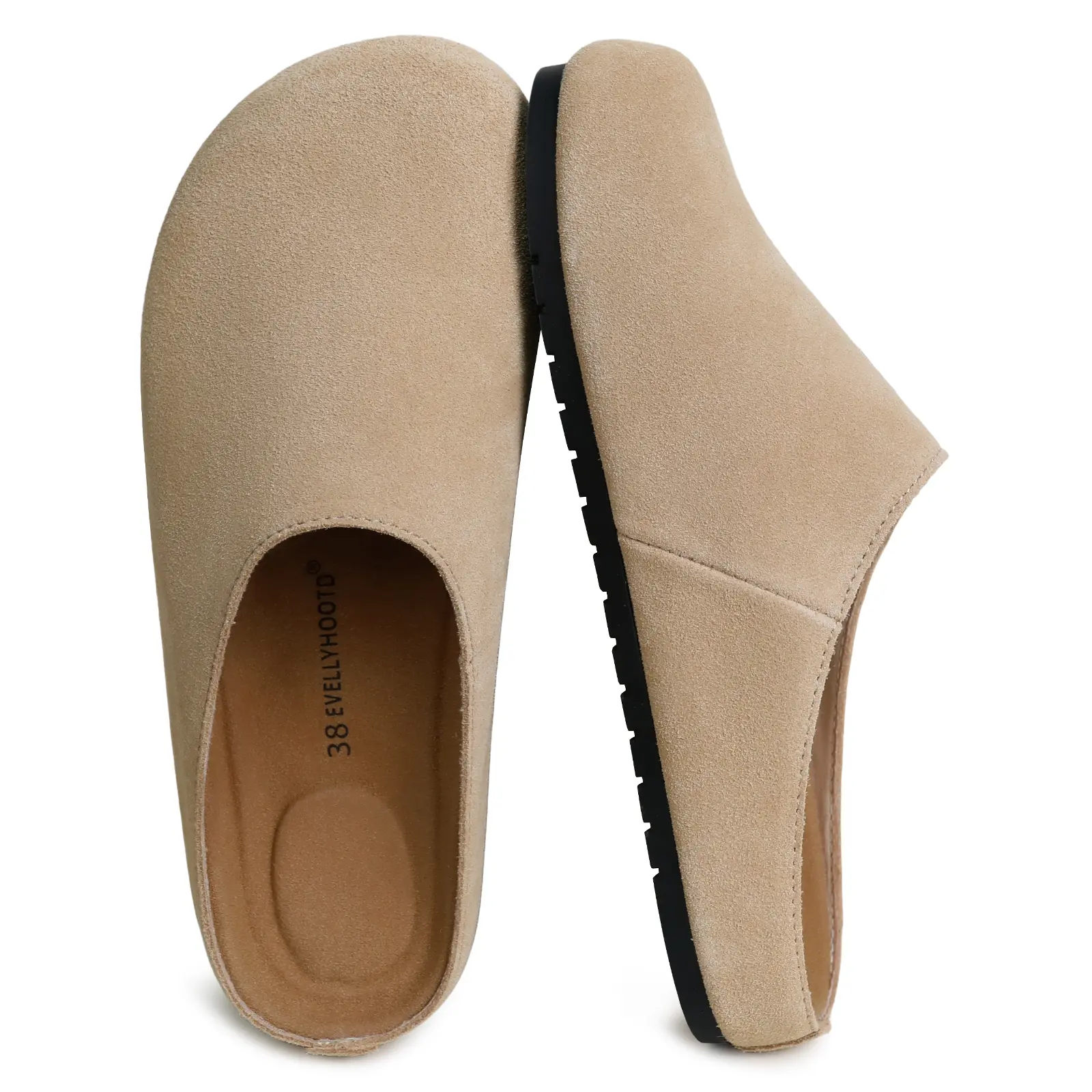 EVELLYHOOTD Women's French Style Genuine Suede barefoot Slip on Round Toe Cork Footbed Clogs Fashion Suede Potato Shoes Outdoor Vintage Comfort Walking Shoes Slippers Classic Footwear,shoes for back to school,back to school shoes