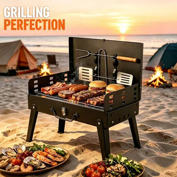 Flaryth Mini Portable Charcoal Barbecue Grill - Foldable Compact Smokeless BBQ Pit with BBQ Tools, Ideal for Indoor Cooking, Camping, Backyard Use (Portable BBQs), Tabletop Bbq, Smokeless Barbecue