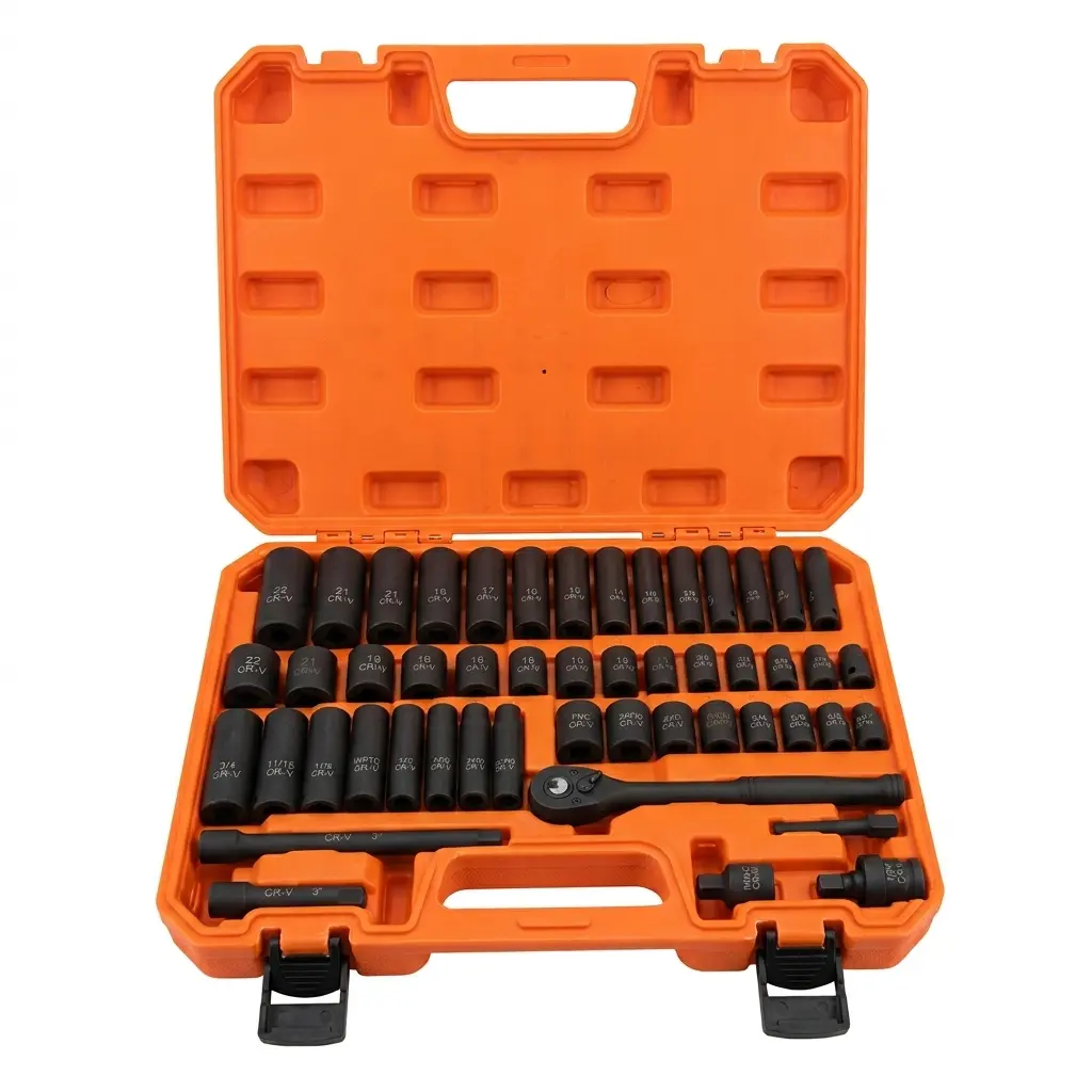50pcs 3/8" Drive Impact Socket Set with 6-Point Fit, Cr-V Steel, SAE (5/16-3/4 in) & Metric (8-22mm) Inches/MM Sizes, Ratchet Wrench, Extension Bar, Universal Joint for Mechanics/DIYers