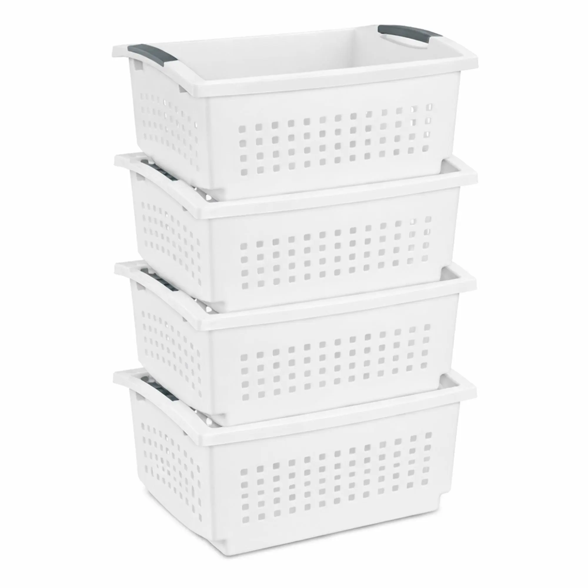 Sterilite Large Stacking Basket, Open Top Storage Bin w/ Handles, 4 Pack, White