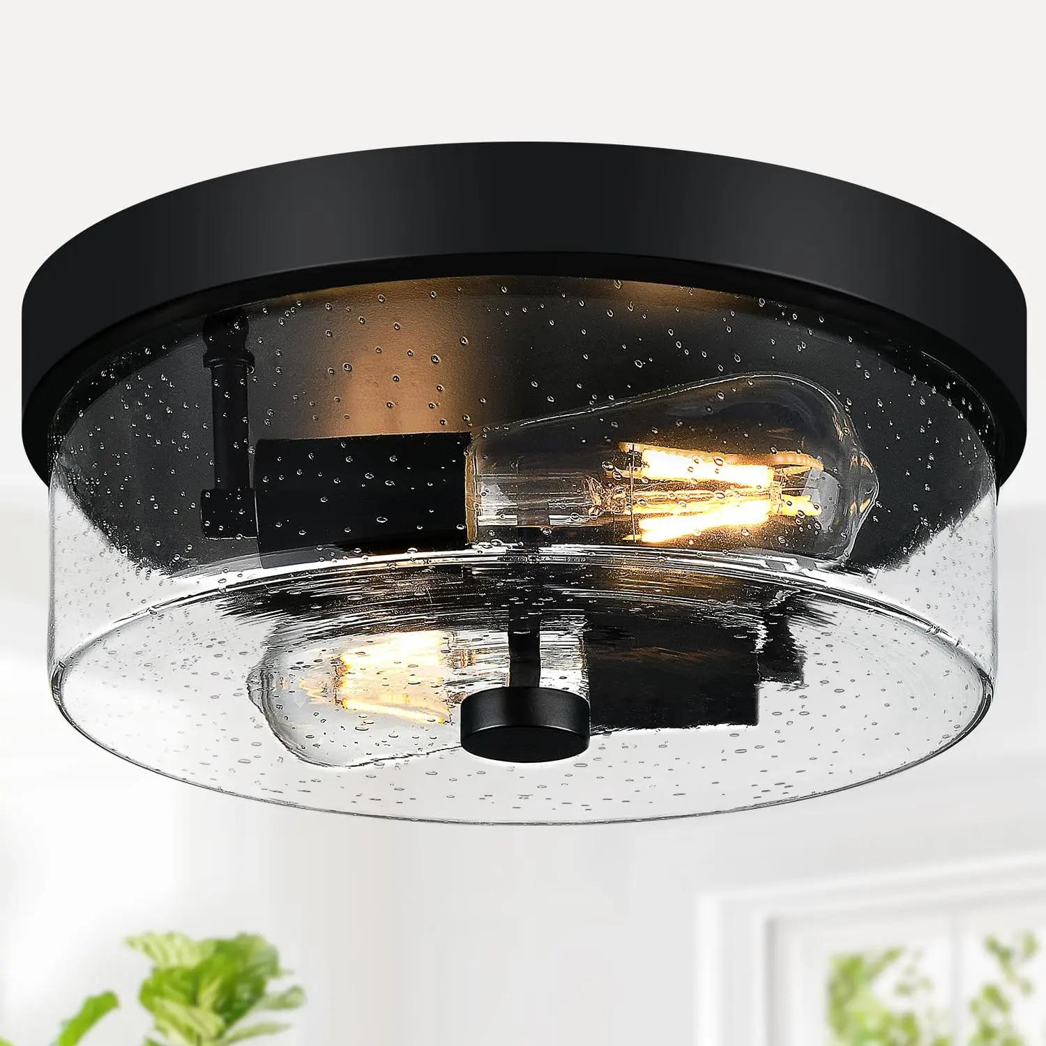 Flush Mount Ceiling Light Fixtures, 2-Light Black Ceiling Mount for Farmhouse with Seeded Glass Lampshade, Industrial Flush Mount Light Fixture for Hallway, Kitchen, Entryway and Foyer（No bulb included）