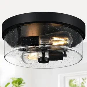 Flush Mount Ceiling Light Fixtures, 2-Light Black Ceiling Mount for Farmhouse with Seeded Glass Lampshade, Industrial Flush Mount Light Fixture for Hallway, Kitchen, Entryway and Foyer（No bulb included）