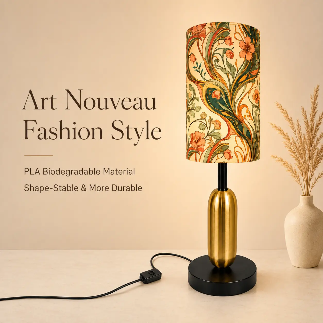 Art Nouveau floral table lamp, vintage floral print bedside nightstand lamp, retro gold metal base ambient accent lamp for bedroom and living room, PLA biodegradable lampshade decorative light
