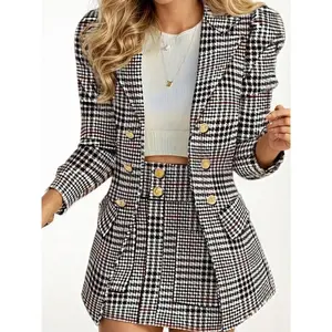 2025 New Elegant Thousand Bird Grid Printed Suit Set, Double-Breasted Lapel Bubble Sleeve Suit Jacket and High-Waisted Hip-Hugging Mini Skirt Set, Women’s Clothing