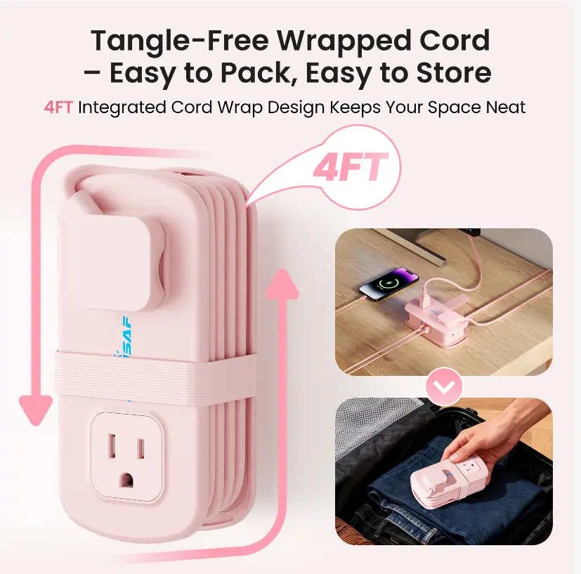 Back to School Stylish Mini Travel Power Strip, Cruise-Friendly 4ft Extension Cord, 20W Fast Charging, No Surge 4 Outlets, 2 USB-C & 1 USB-A [Hotel/Office/Travel] gifts for him,compact,fathersdaygift tiktokshopbacktoschool
