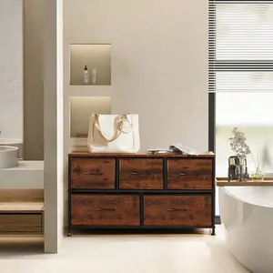 Sweetcrispy 5-Drawer Dresser & TV Stand| Metal Frame| Wood Top| Fabric Storage Drawers| Fits Up to 40" TV