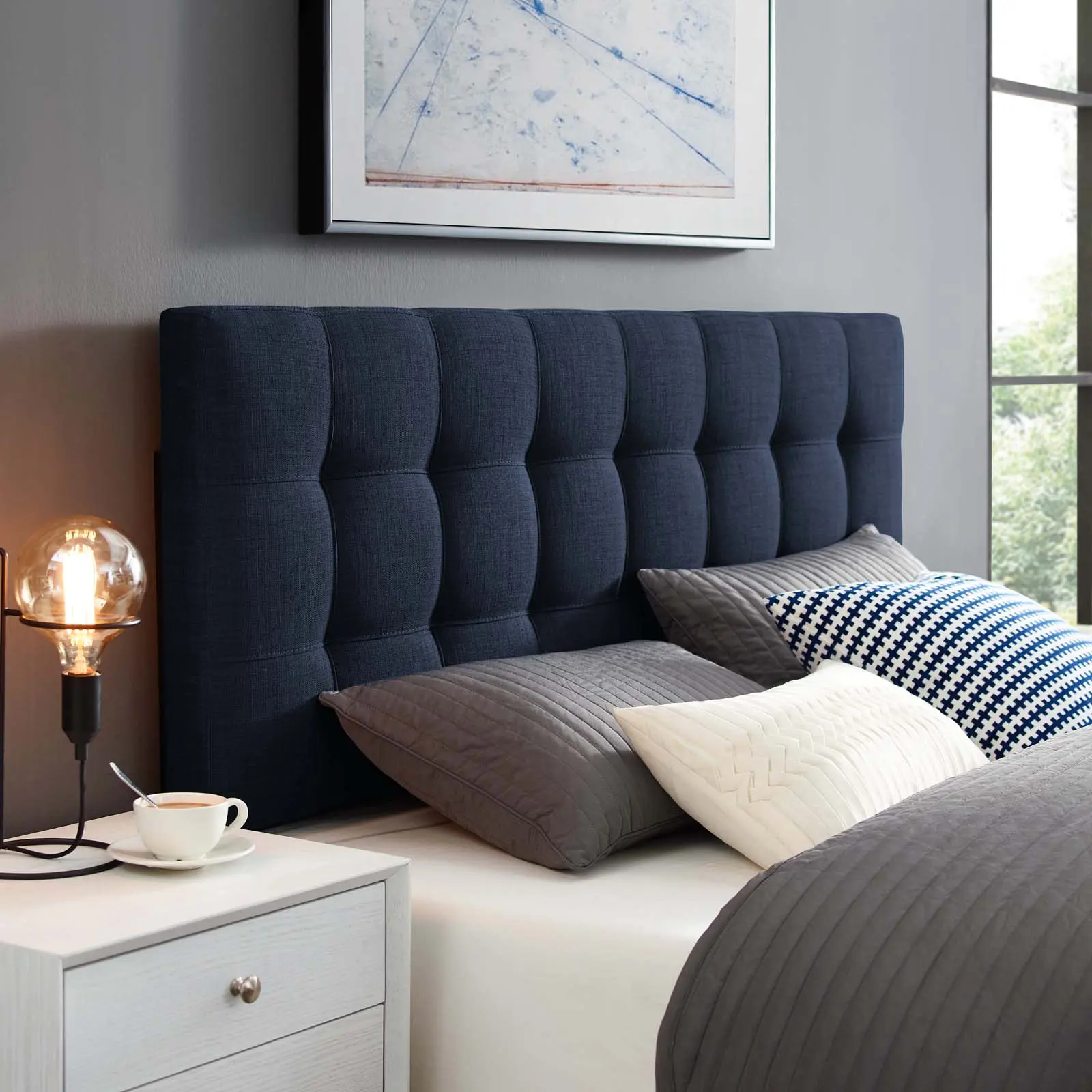 Modway Lily Full Tufted Linen Fabric Headboard for Bed, Navy, Fiberboard Construction