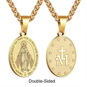 Stainless Steel Double-Sided Virgin Mary & Cross Medallion Necklace – Religious Faith Jewelry for Men & Women, Personalized Everyday Prayer Gift