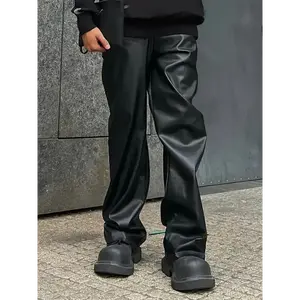 PU Leather Men's Casual Chic Straight Leg Trousers, Street Style Pants