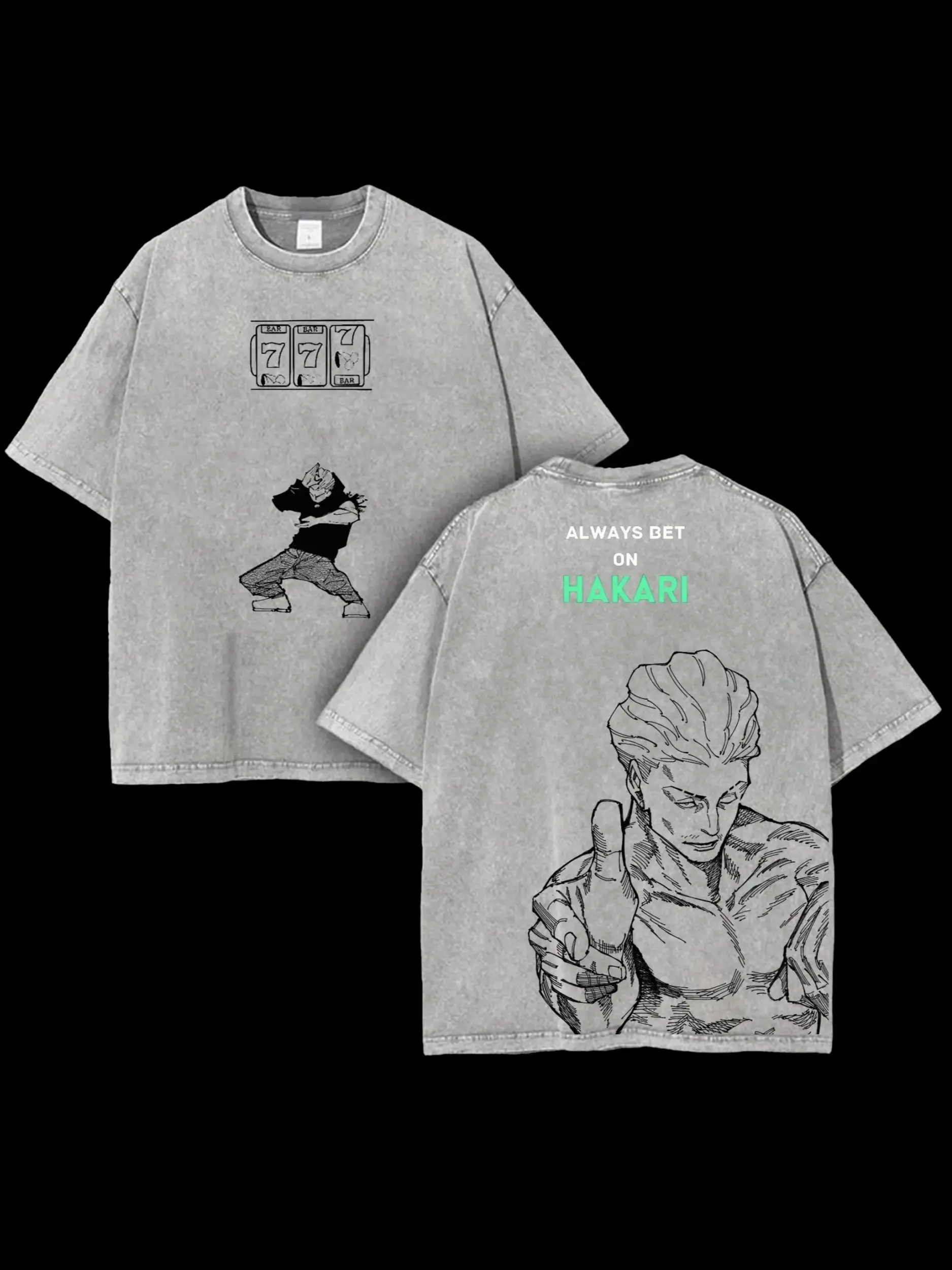 Men's Oversize Hakari Kinji JJK Anime Double-Printed Vintage Washed Heavyweight Cotton T-Shirt - Unisex Casual Style Tops, Short-Sleeve, Comfortable Fit for Anime Enthusiasts, Shortsleeve, Anime Style