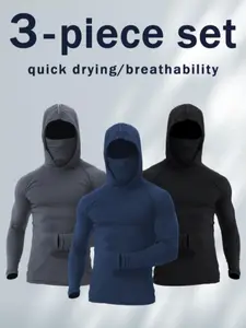 [3pc]Quick-Dry Breathable Sun Protection Sports Clothes, Ideal for Hiking Outdoor Fishing Running, Men's Active Wear, Breathable Workout Tops, Polyester Sports Shirt