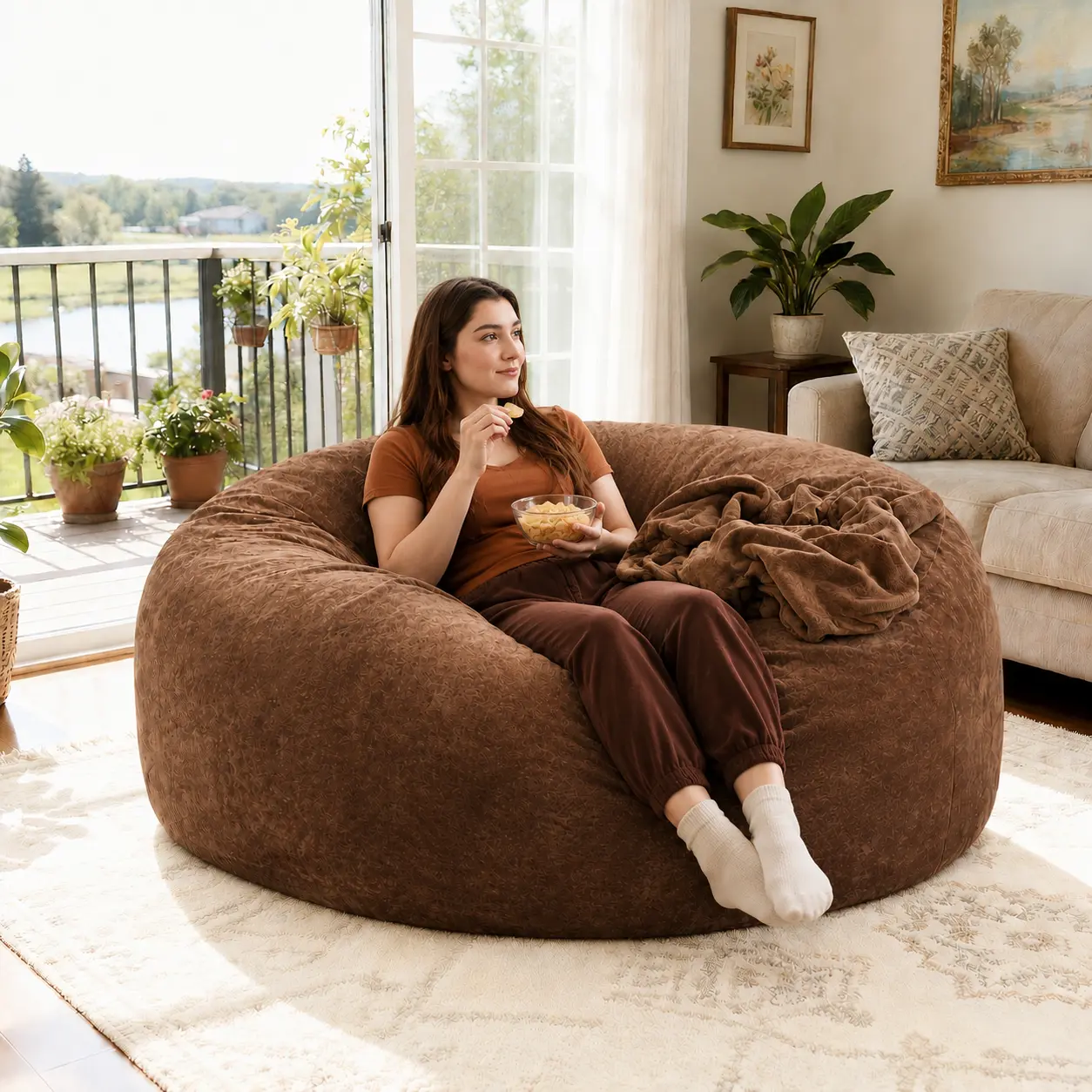 6FT Teddy Velvet Memory Foam Bean Bag Chair - Oversized Washable Velvet Indoor Furniture, Lay Flat or Sit Lounger for Chilling, Napping in Living Room Bedroom, Boneless Sofas, Cloud Boneless Sofa