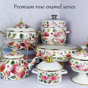 High-quality Enamel Soup Pot, Enamel Double-layer Steamer of The Same Series, with Multiple Specifications to Choose, Flower Pattern Stockpot, Perfect For Stews, Braising & Steaming, Works On Induction/Gas/Electric