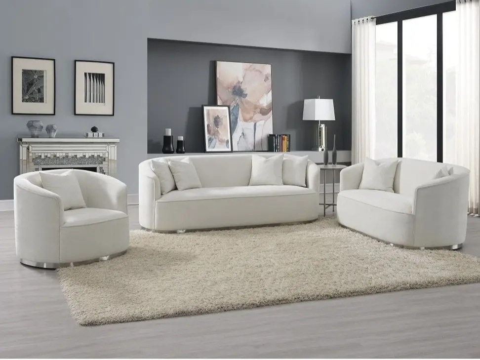 ACME Furniture 01917-18 Darby Home Co Odette 2-Pc Beige Chenille Sofa & Loveseat Set, Curved Arms, Silver Trim Base, Chenille Modern Couch, Living Room Furniture, Indoor Decor, Furniture Living Room