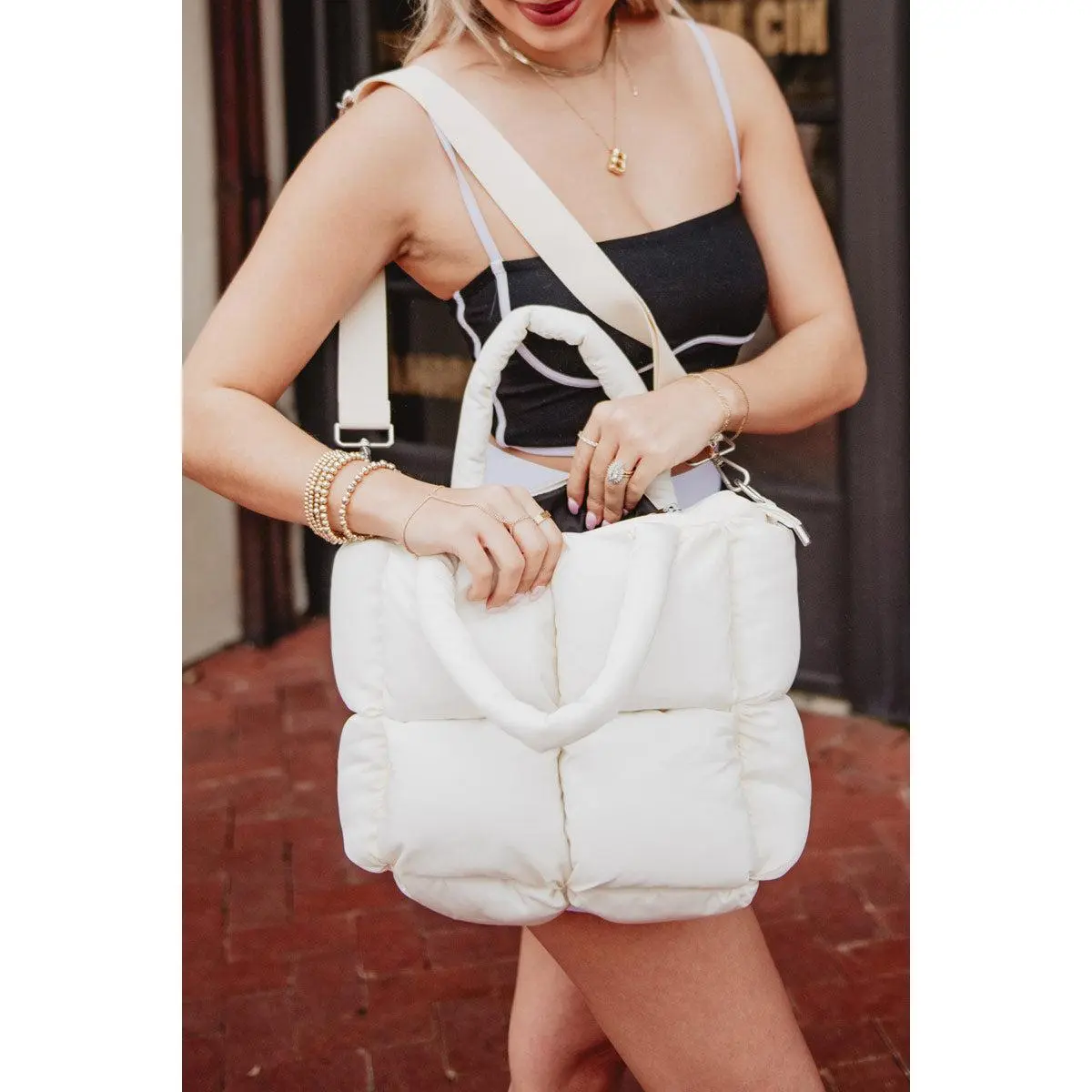 Cream Mini Quilted Puffer Tote Bags