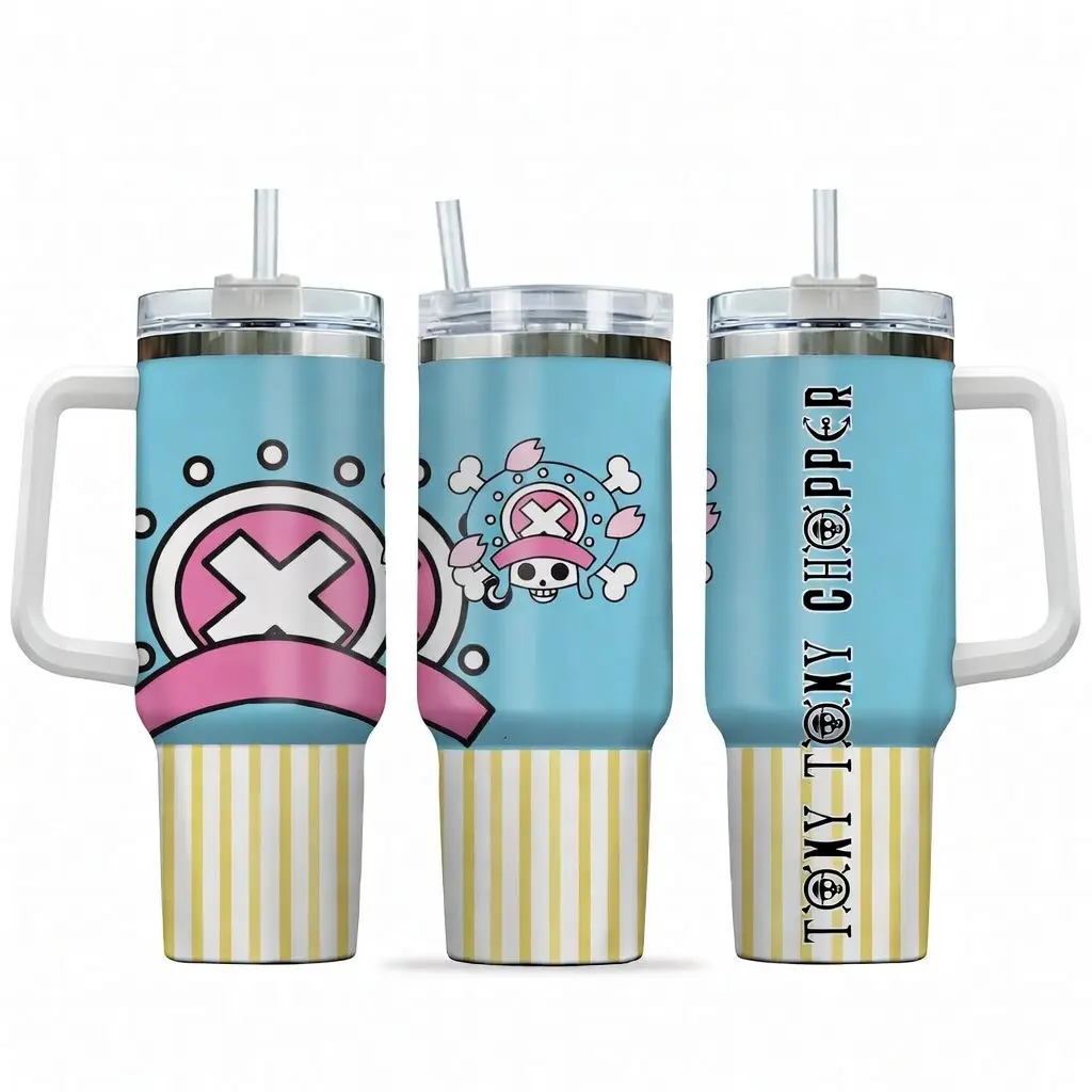 Tony Tony Chopper v2 40oz Tumbler with Handle and Straw, Stainless Steel Vacuum Insulated Cup, OP Jolly Roger Skull Design, Anime Merch, Anime Tumbler