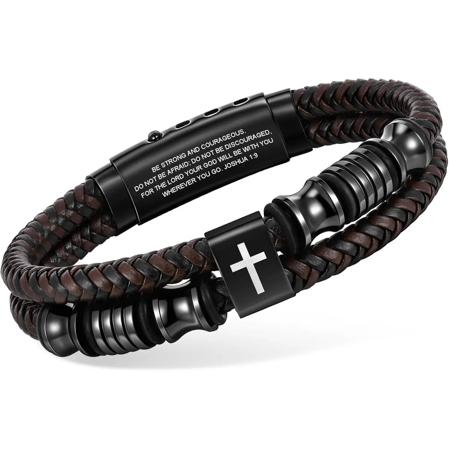 Graduation Gift for Him - Christian Cross Leather Bracelet for Men, Adjustable Double Row Brown Braided Leather Faith Bracelet Inspirational Bible Verse Religious Baptism Birthday Jewelry Gift for Men