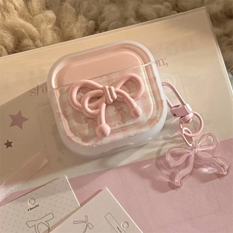 AirPods 4/Pro2 | Pink Grid 3D Pink Knot | Light Pink Ribbon Knot Pendant | Transparent White Earphone Case Protection | Best Friend Gift | Suitable for AirPods 1 2 3 4 Pro Pro2 | Shockproof Headphones Headset