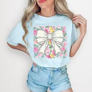 Floral Bow Comfort Colors T-Shirt, Summer Tee for Women, Cottagecore Aesthetic Graphic Shirt Floral Print Casual T-shirt Cotton Crewneck Comfortable Unisex T-shirt