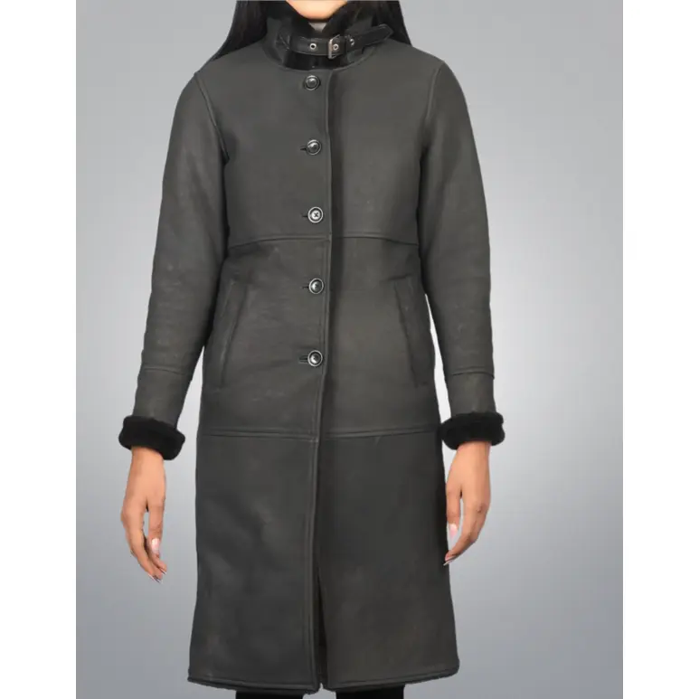 Cuir Jackets Shearling Black Leather Coat - Fitted Long Sleeve Women's Outerwear with Notch Collar & Two Pockets - Premium Sheepskin Leather Coats for Autumn Casual Wear
