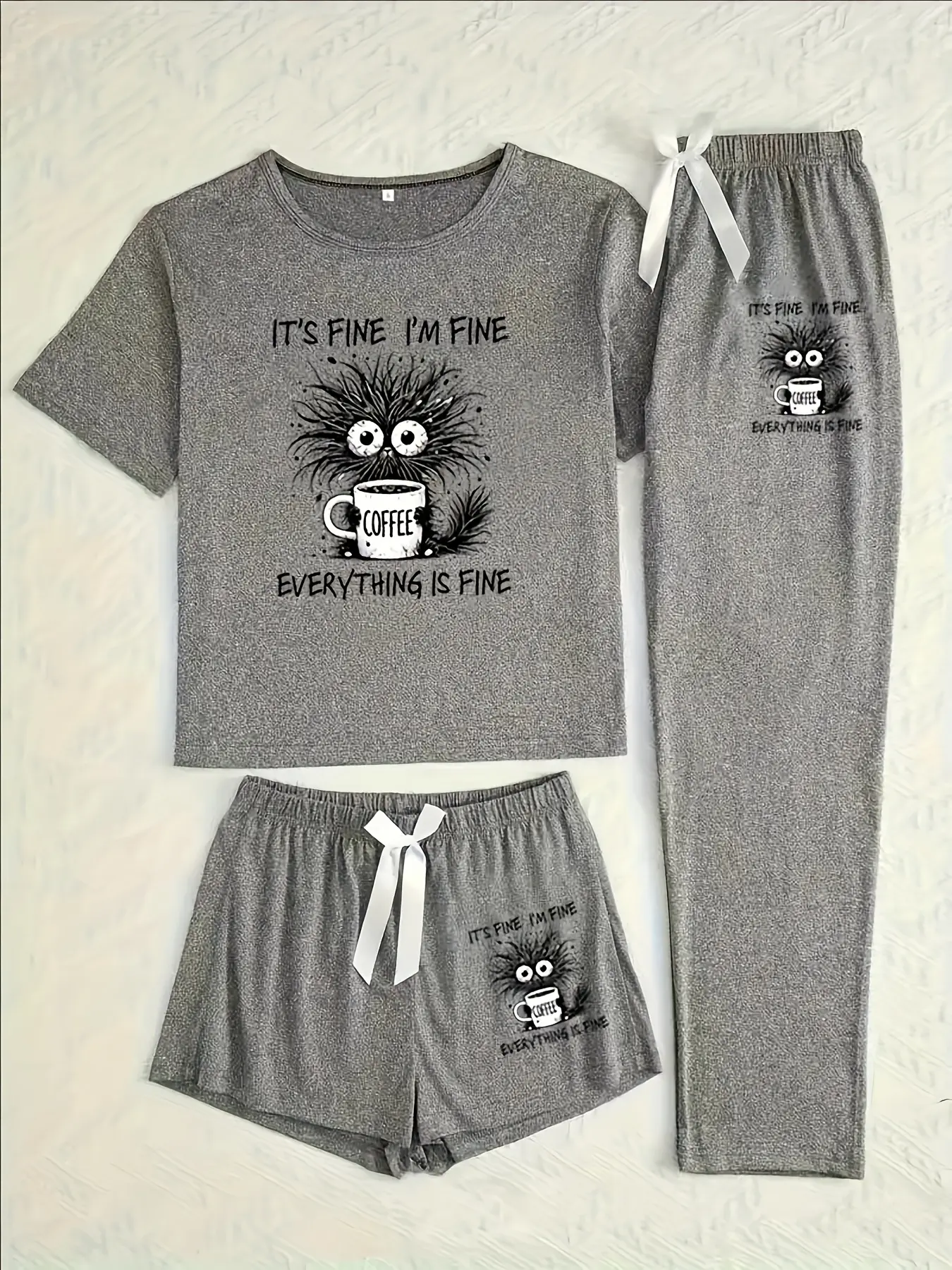 Women's Cartoon Coffee Cat Print Sleepwear, Loungewear Set, Fitted Casual Pajamas for All Seasons, Comfortable Three-Piece Nightwear, Pyjamas, Pjs, Womenswear