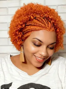 13x4 Lace Front Ginger Curly Human Hair Wig, Short Bouncy Curly Wig with Braided Style, Remy Human Hair Pre Plucked Wig for Women