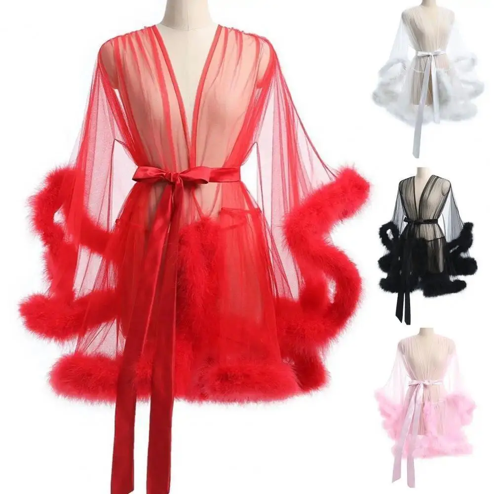 Sexy Bride Wedding Robe Dress Sleepwear Elegant Feather Long Nightgown Nightwear Luxury Ice Silk Home Dress Loungewear Sleepwear
