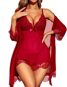 Women Sexy Lingerie Set  Lace Strap Chemise Sleepwear Mesh Nightgown