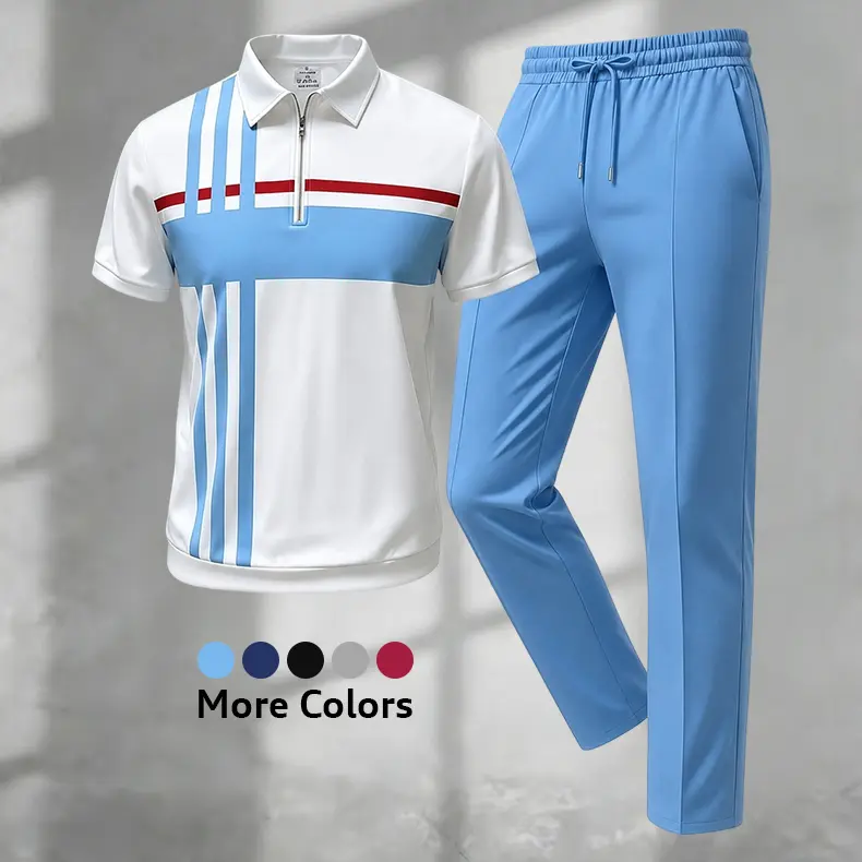 Men's 2-Piece Casual Menswear Set - Color Block Half-Zip Shortsleeve Polo Shirt, Drawstring Pants, Sky Blue Men's Clothing Set, Men's 2 Piece Sets