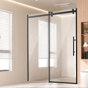 SummerWinsFrameless Trackless Sliding Shower Door, 58-59 in W x 75 in H, 5/16 in (8mm) SGCC Tempered Glass, Stainless Steel Hardware, Integrated Grip, Waterproof Shatterproof Stainproof, Matte Black Sliding Door, Trackless Sliding Doordealsforyoudays