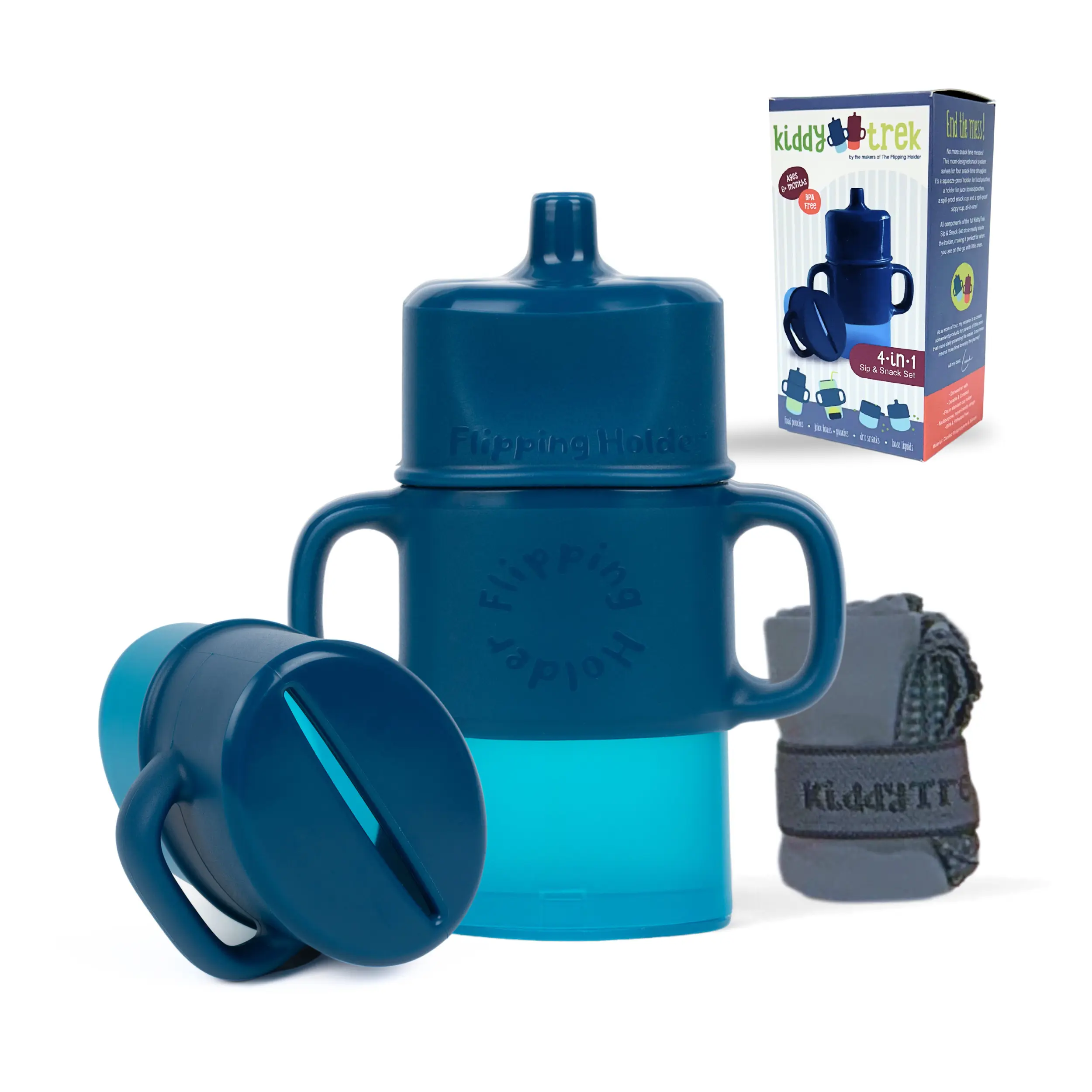 KiddyTrek 4-in-1 Sip & Snack Set - Food Pouch & Juice Box Holder, Snack Cup, Sip Cup - All in one self-storing set | Pefect toddler travel snack system | Universally compatible squeeze-proof ad spill-proof holder for food pouches