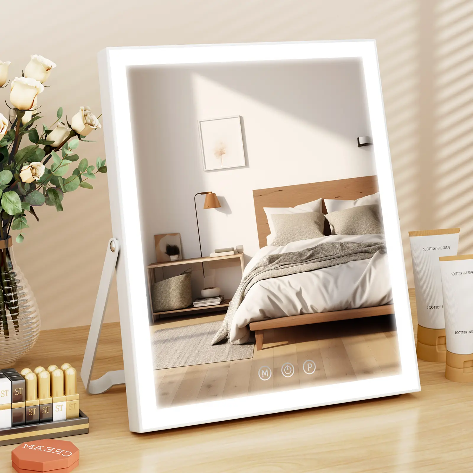 Rectangle Lighted Metal Frame Tabletop Mirror - 10x12in, Adjustable, Modern, 3 Color Modes, 360° Rotatable, Smart Touch Control, Dual Power Supply, Portable, Tilting, Plug-In, Metal-Toned, for Home Decor, Travel