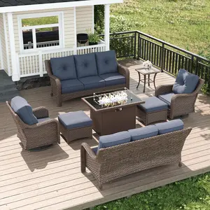LayinSun 7-Piece Wicker Outdoor Furniture Set with 6-inch Comfy Cushions, High Back Patio Furniture Set with Swivel Rocking Chairs and Fire Pit Table, Multiple Packages summervibes