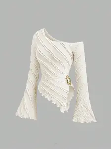 Women's Asymmetrical One-Shoulder Slim Fit Flare Sleeve Top, Split Hem Slit Decorative Button Fashion Blouse, Daily Wear Stylish Clothing, Flared, Shirts