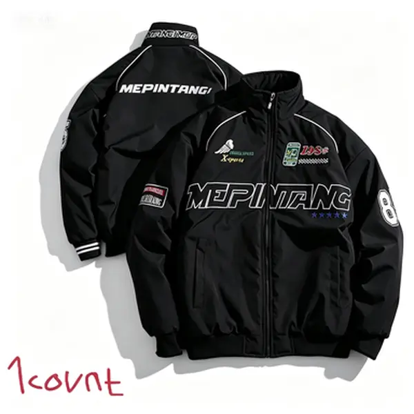 Men’s racing-style bomber jacket — graphic print with patch details, stand collar design, fleece fabric provides comfort and warmth, perfect for casual street style, everyday wear, or this season’s trendy sporty look; long sleeves. Coats Jeans