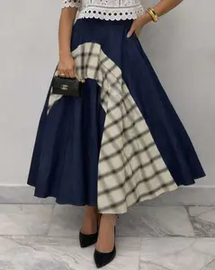 Women's Casual A-Line Denim Midi Skirt - Lady-Focused, Cotton-Polyester Blend, Patchwork, Plaid Panel, Flattering Fit, Stylish Women's Bottoms