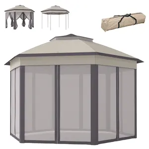 13 x 13 Foot Hexagonal Pop Up Gazebo with 6 Zippered Mesh Netting for Patio Backyard Garden Wedding Party Waterproof UV Resistant Polyester Canopy 2 Tier Vented Roof